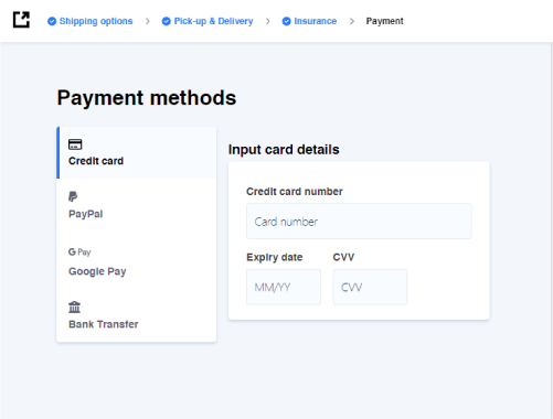 Fifth step of the booking process - Pay for the parcel you need the courier to collect and deliver