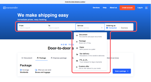 First step of the booking process for parcel collection and delivery at your address