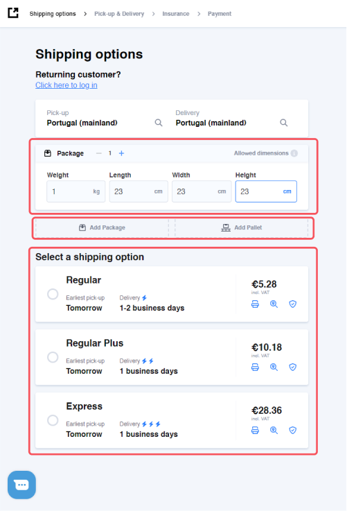 Second step of the booking process - Fill out the details regarding your shipment