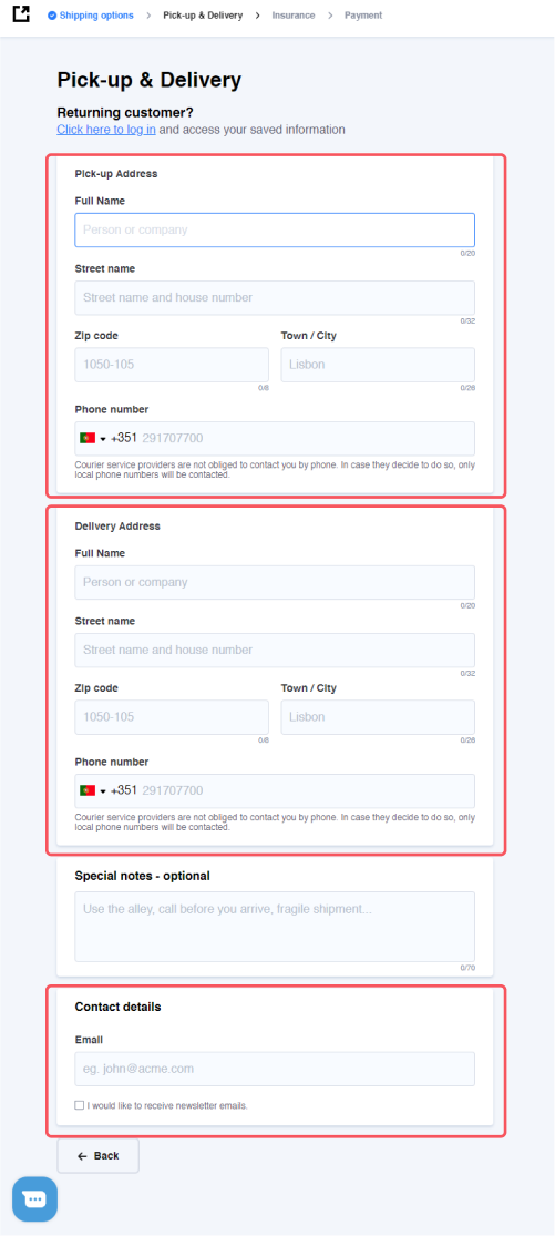 Third step of the booking process - Insert the pick-up and delivery addresses