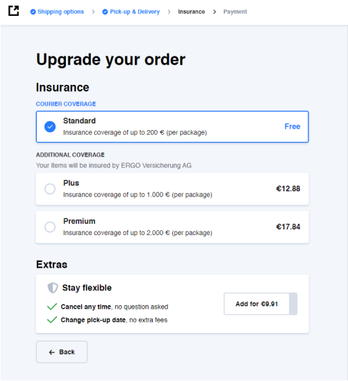 Fourth step of the booking process - Secure your shipment and stay flexible